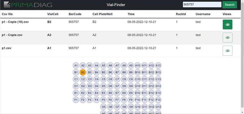 Primadiag — Vial Finder (Localisation de flacons par code-barres)